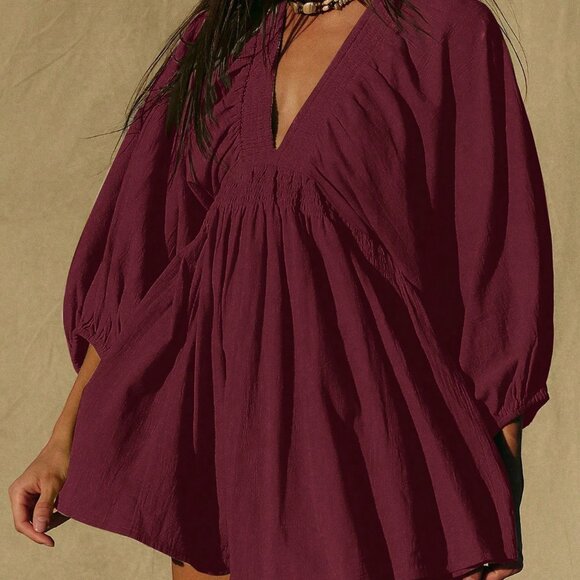 Burgundy Casual Women's Boho Elegant Mini Dress - Picture 5 of 8